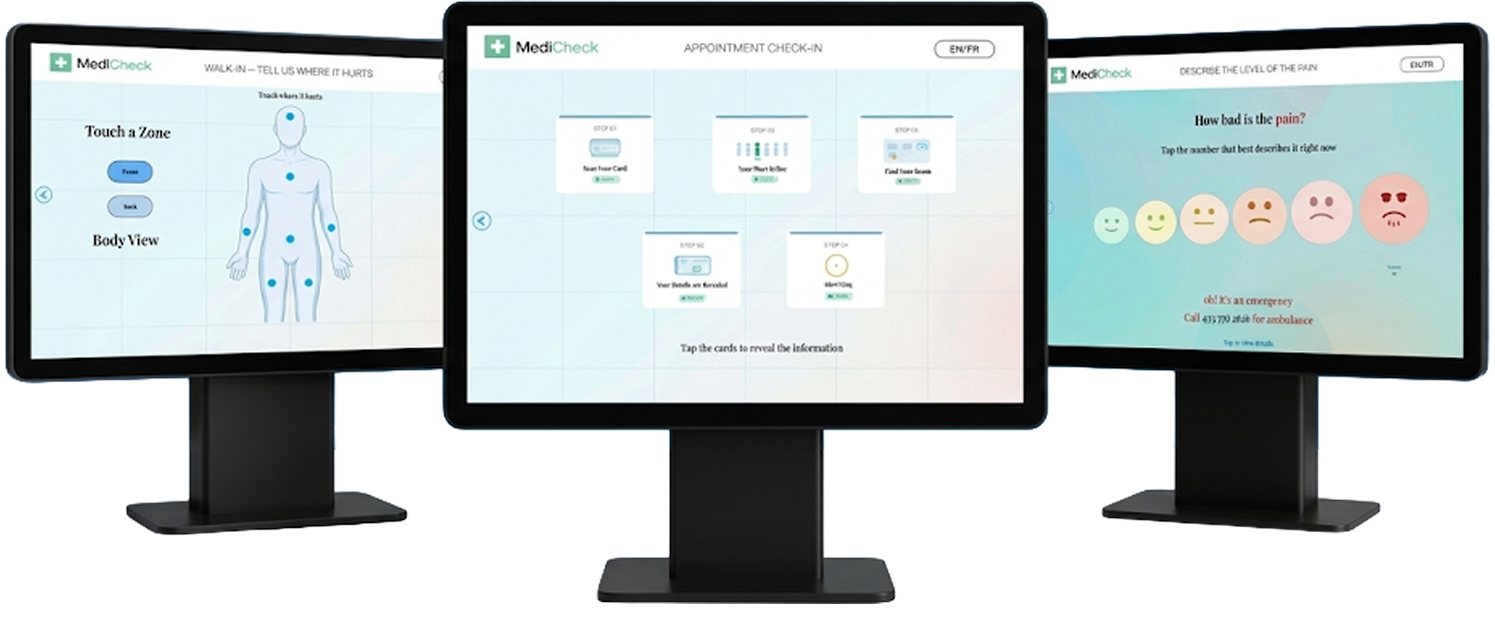 MediCheck Kiosk multi-screen comparative view showing all four key interface states